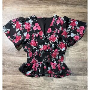 Smocked Peplum‎ Top Women Large Black Pink Floral V-Neck Flutter Sleeve Kabina